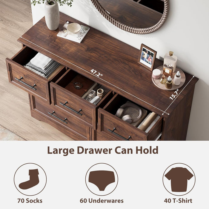Walnut Farmhouse Dresser for Bedroom, Modern 7 Chest of Drawers, 47" Wide Chest of Drawers with Metal Handle, Wood Dresser TV Stand and Storage Cabinet for Bedroom, Living Room
