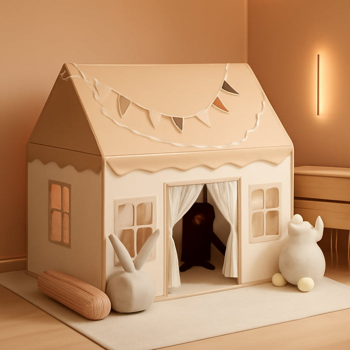 Kids Tent with Padded Mat Playhouse with Large Space for Toddlers Indoor Kids Play Tent for Girls Boys with Stars Lights, Carry Bag, Banner Flag (Brown)