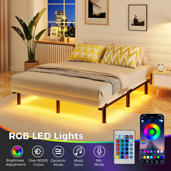 Full Bed Frame with LED Lights, 7 Inch Heavy Duty Metal Base for Box Spring