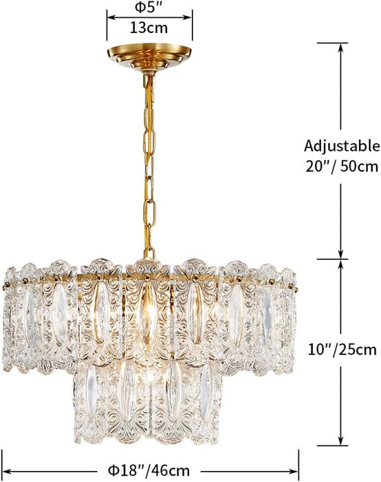 Elegant Glass Chandelier Light Fixture, Modern Vintage Pendant Chandelier Lighting for Dining Room, D18 X H10, 2- Tier Shade & Brass Gold Finish