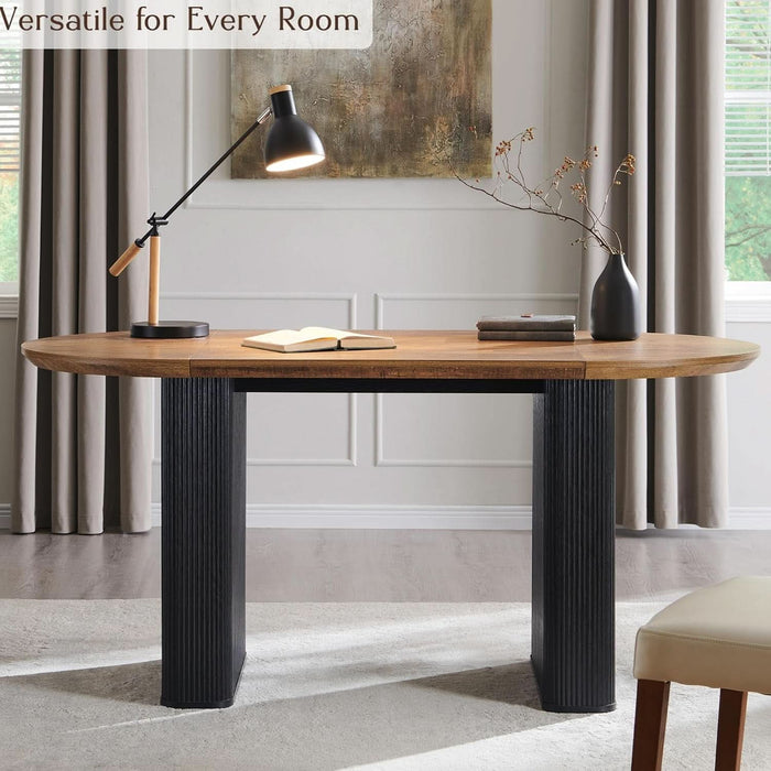 63 Inch Fluted Oval Dining Table for 4-6 People (Brown with Black)
