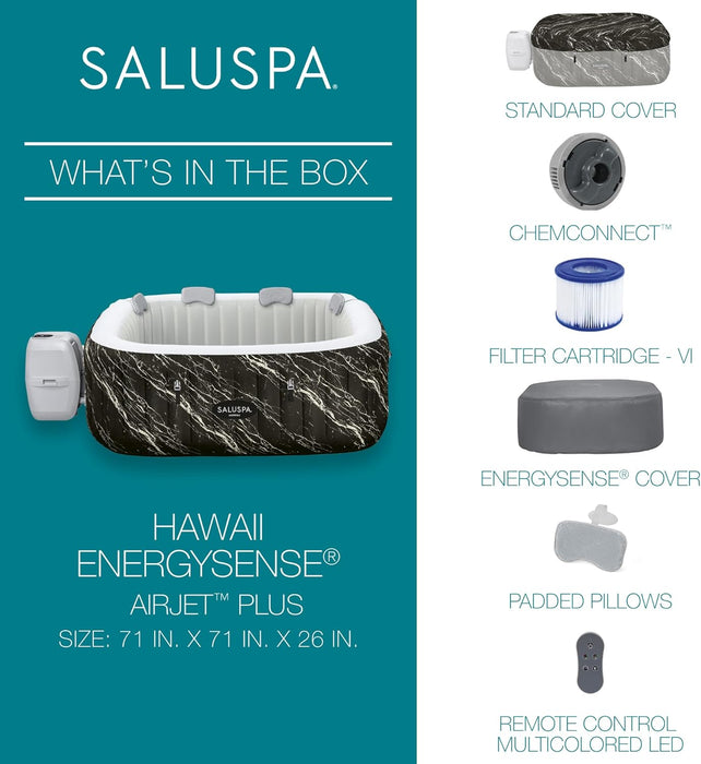 Saluspa Hawaii Energysense Smart Luxe Airjet Inflatable Hot Tub Spa (71" X 71" X 26") | Features LED Lights and App-Control | Fits up to 4-6 Persons