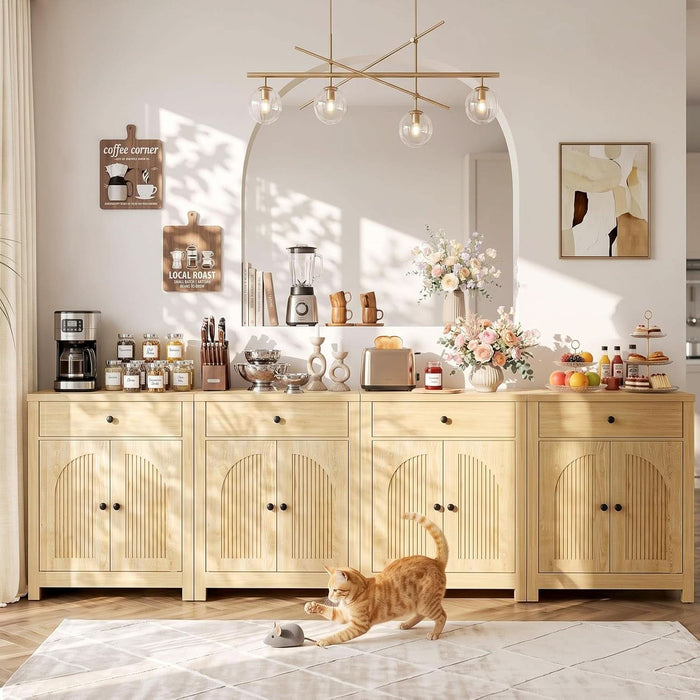 Arched Sideboard Buffet Cabinet with Storage, Modern Coffee Bar Cabinet, 1 Drawer & 2 Doors, Adjustable Shelves Accent Kitchen Cabinet, Natural
