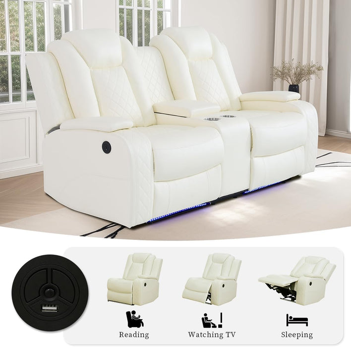 Living Room Set Leather Sofa Power Recliner Living Room Furniture Set Power Manual Loveseat with Cup Holders/Storage Console/Led Light for Living Room/Apartment(Creamy White, Loveseat)