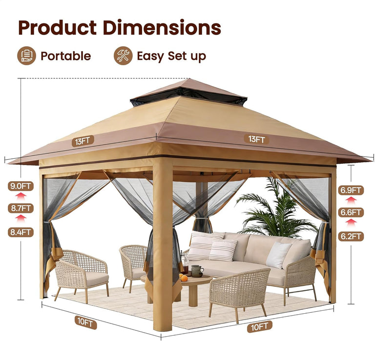 13X13 Pop up Gazebo, Instant Outdoor Gazebo with Mosquito Netting, Vented Roof and Carry Bag for Patio, Garden & Backyard - Beige & Coffee