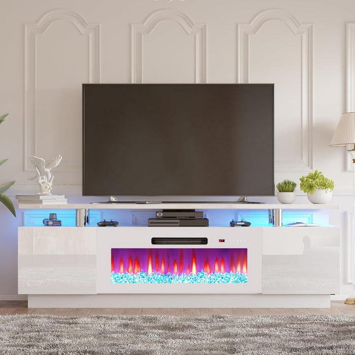 Fireplace TV Stand with 36" Fireplace, 70" Modern Fireplace Entertainment Center LED Lights, 2 Tier TV Console Cabinet for Tvs up to 80", White & White