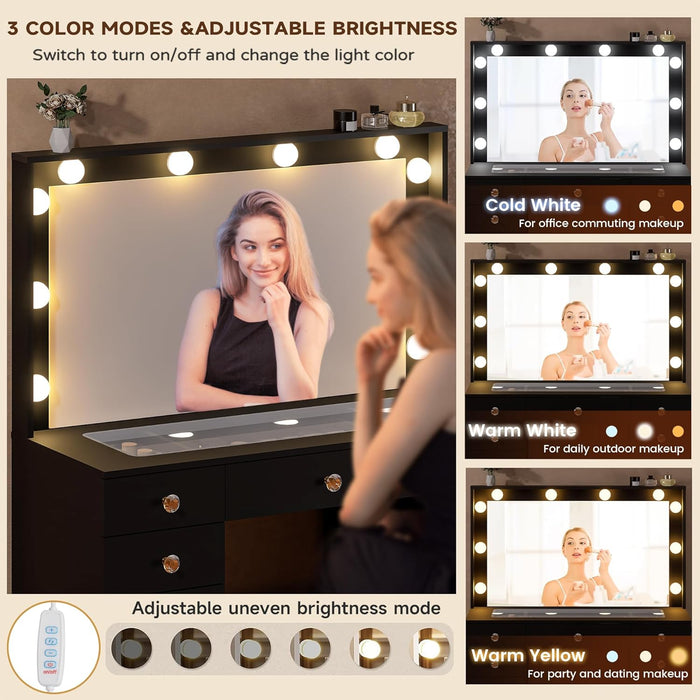 42.1" Vanity with Large Mirror and 10 LED Lights, Vanity Desk with Glasstop, 11 Drawers with Crystal Handles, Dressing Table with Power Outlet as Gift for Women, Girls (Black)