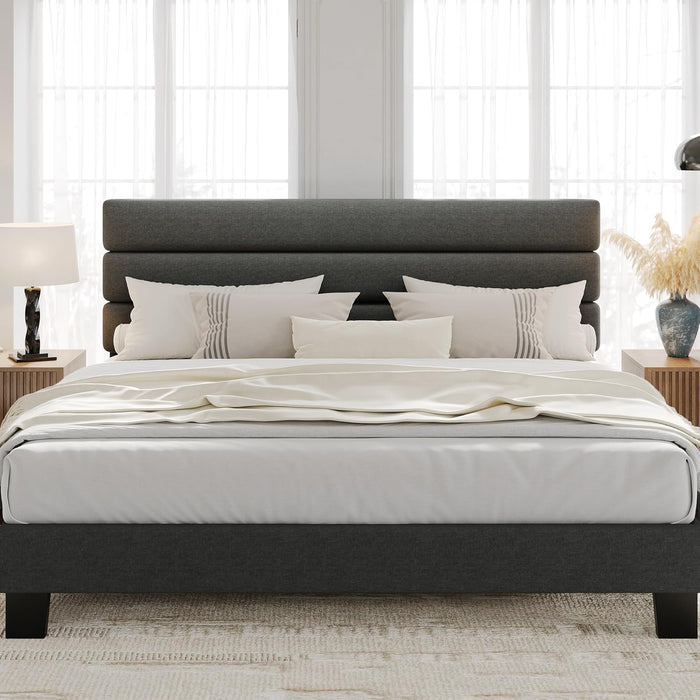 King Size Platform Bed Frame with Adjustable Headboard, Linen Fabric Upholstered and Wooden Slats Support, Heavy Duty Mattress Foundation, No Box Spring Needed, Easy Assembly, Dark Grey