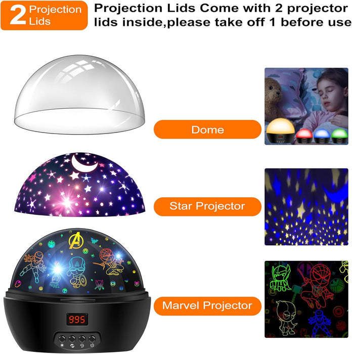 Kid Light Projector Superhero Toys for Boys 5-7 Avengers Night Light Projector with Timer for Kids Room, 360 Degree Rotation Toddler Nightlights with Spiderman Figurine Star Lamps