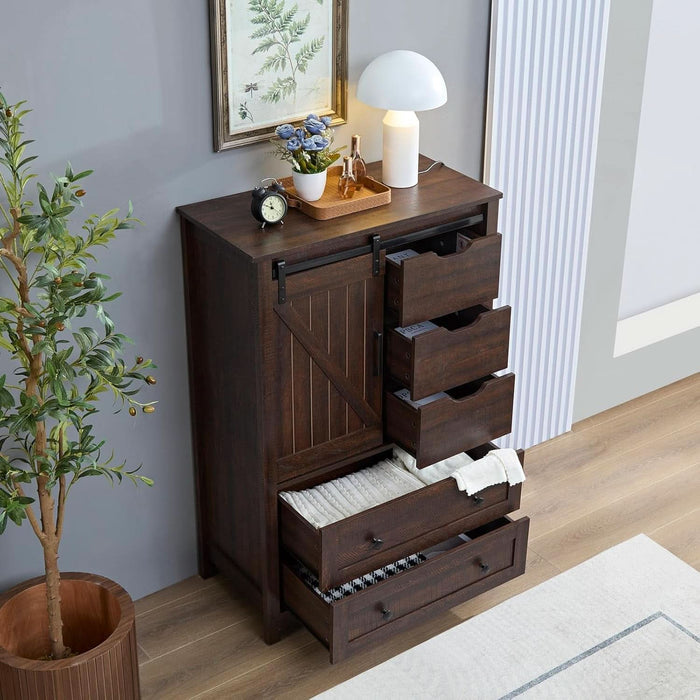 Farmhouse 5 Drawers Dresser for Bedroom, 48" Tall Dresser W/Sliding Barn Door, Rustic Dresser 5 Chest of Drawers, Storage Organizer Dresser for Bedroom, Hallway, Living Room, Dining Room, Espresso