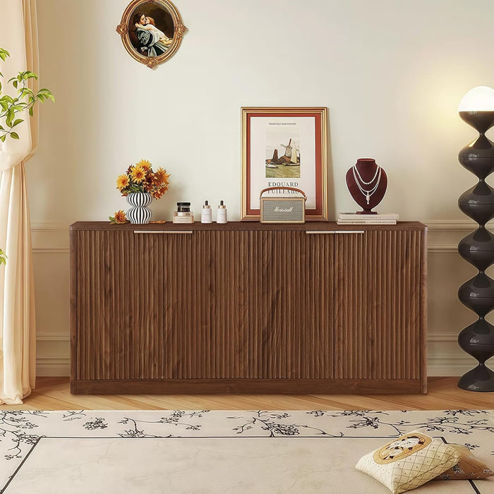59" Fluted Buffet Cabinet Sideboard with Storage, Large Credenza with 4 Doors, 2 Adjustable Shelves, Wood Mid Century Modern Sideboard for Kitchen and Living Room, Walnut Brown