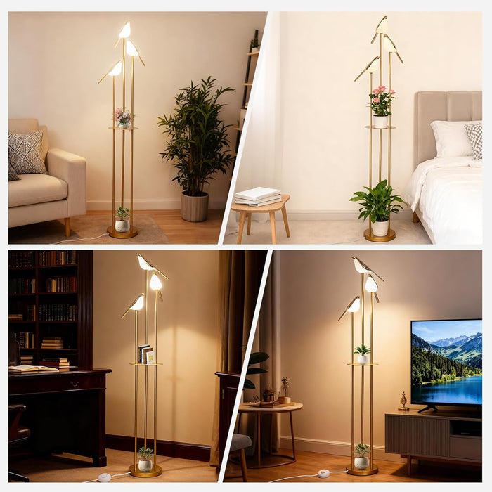 𝑼𝒑𝒈𝒓𝒂𝒅𝒆 Unique Gold Floor Lamps for Living Room, with 3 Adjustable LED Bird Lights and Storage Shelf, Brightness Adjustable, Stand up Lamp for Bedroom Kids Room Office