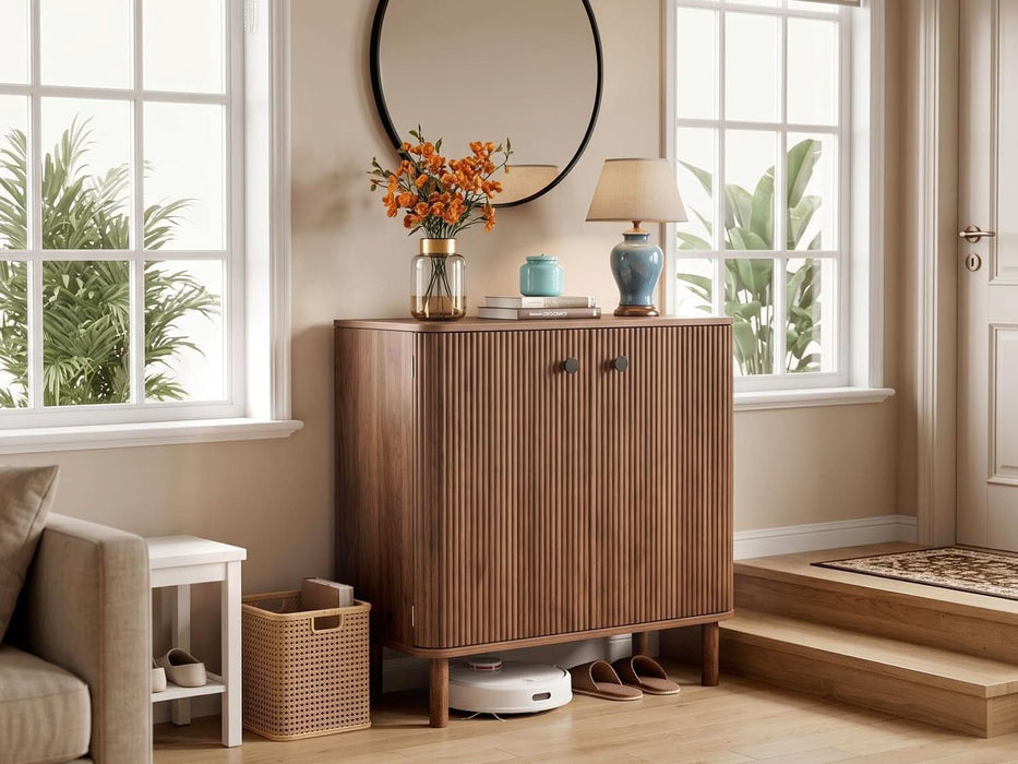 Fluted Sideboard Buffet Cabinet with Storage, 31'' Solid Wood Leg Walnut Wood Buffet with Adjustable Shelves, 210° Wide-Open Door, Rounded Credenza for Kitchen Living Room Entryway