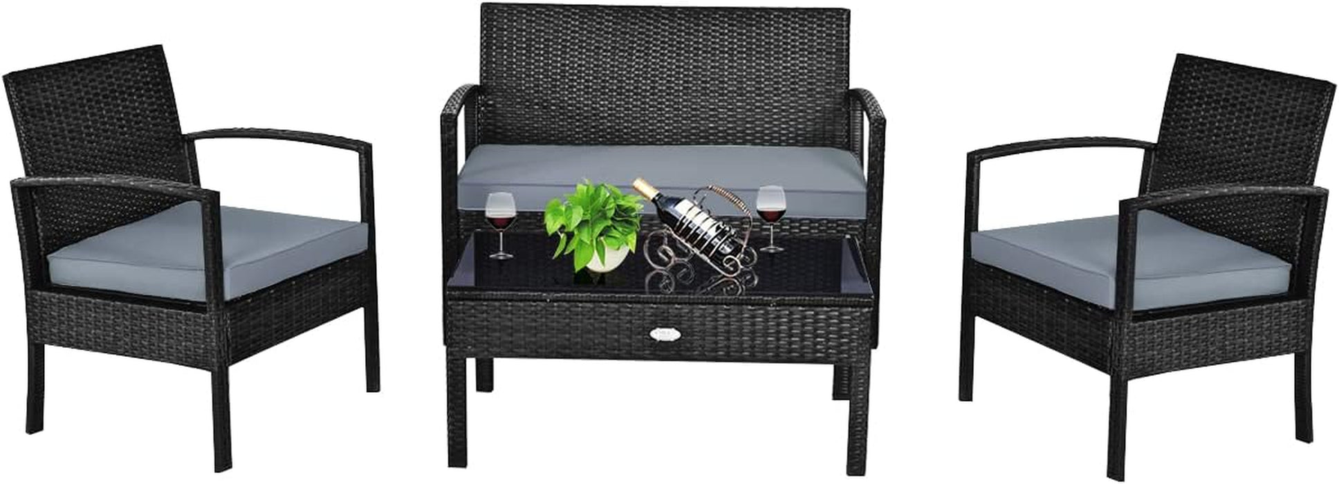 4PCS Patio Rattan Furniture Set, Outdoor Wicker Conversation Set with Tempered Glass Coffee Table, Seat Cushions, Ideal for Poolside Balcony Porch Backyard