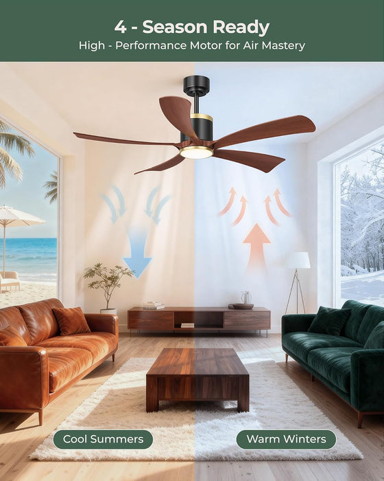 52" Premium Walnut Solid Wood Ceiling Fan with Light - Whisper-Quiet DC Motor, 6 Speeds, 3000K-6000K Dimmable LED, Remote Control with Timer, 2 Downrods for Indoor/Outdoor, A++ Energy Saving