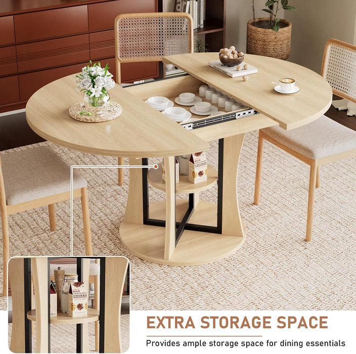 Extendable round Dining Table for 4-6-8, 43.3-59In Expandable Dining Table with Storage Shelf, Space Saving Circle Oval Kitchen Table with Leaf for Dining Room, Natural Oak