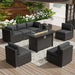 8-Piece Outdoor Patio Furniture Sofa Set with 45” Propane Gas Fire Pit Table, Black Rattan Wicker Sectional Conversation Sets with Glass Top Table and Cushions(Grey, W/Fire Pit Table)