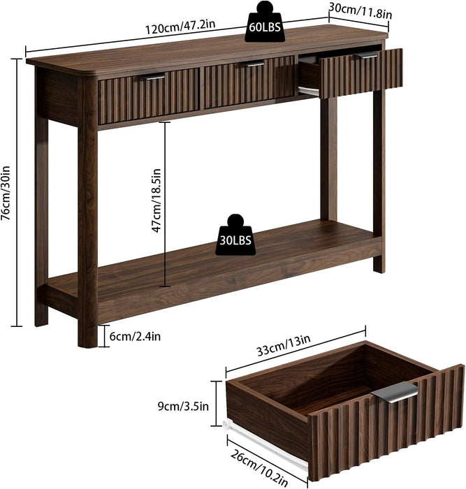 Fluted Wood Console Table with 3 Drawers, Boho Narrow behind Couch Entryway Table with Open Storage Shelf, Modern Sofa Table for Living Room, Foyer and Hallway (Dark Walnut)