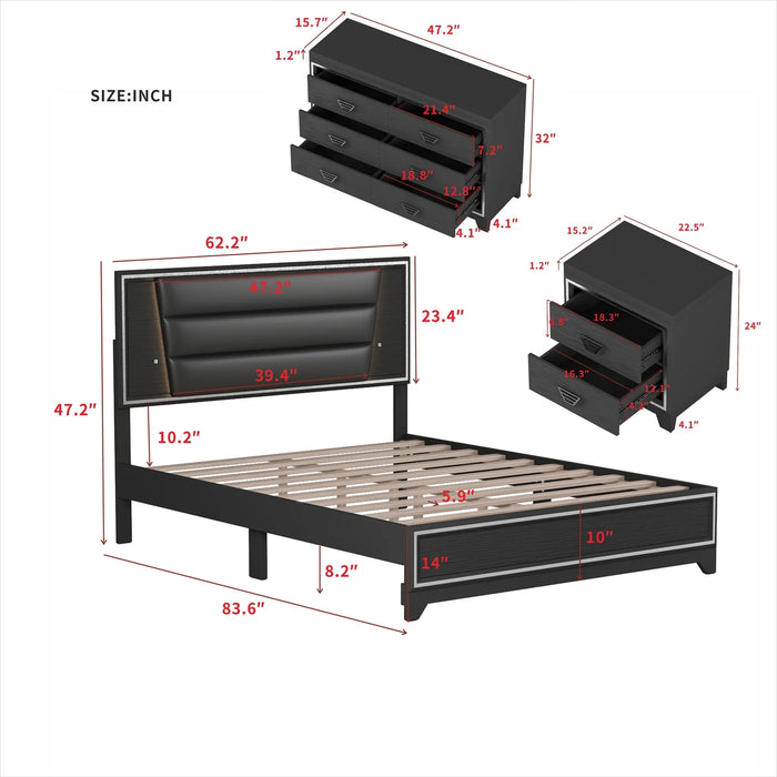 3-Pieces Queen Bedroom Sets, Upholstered Platform Bed with LED Lights Headboard, 1 Nightstand and 1 Dresser, Bedroom Furniture Set with Sparkling Shiny Decoration