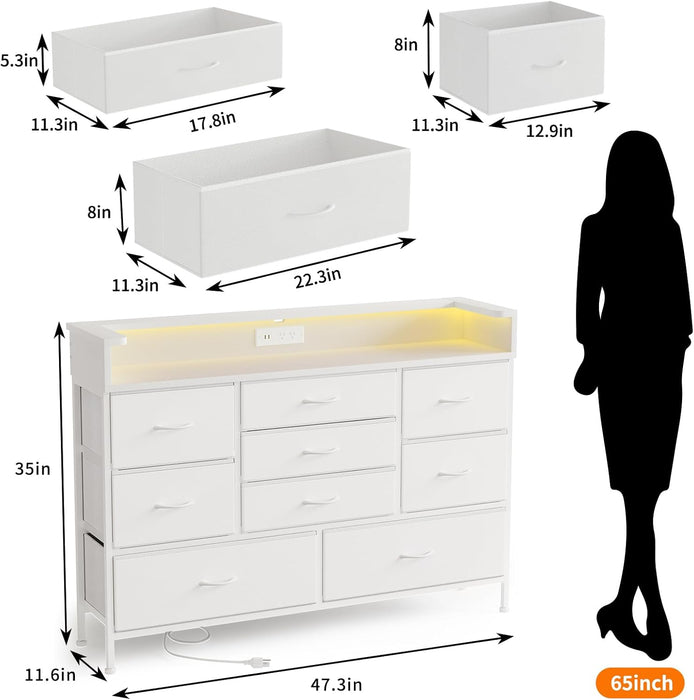 White LED Dresser with 9 Drawers and Charging Station