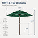 10Ft Patio Umbrella, 3-Tier Vented Outdoor Table Umbrella with 8 Sturdy Fiberglass Ribs, Windproof Market Umbrella with Push Button Tilt and Crank, UV Protection for Deck, Pool, Forest Green