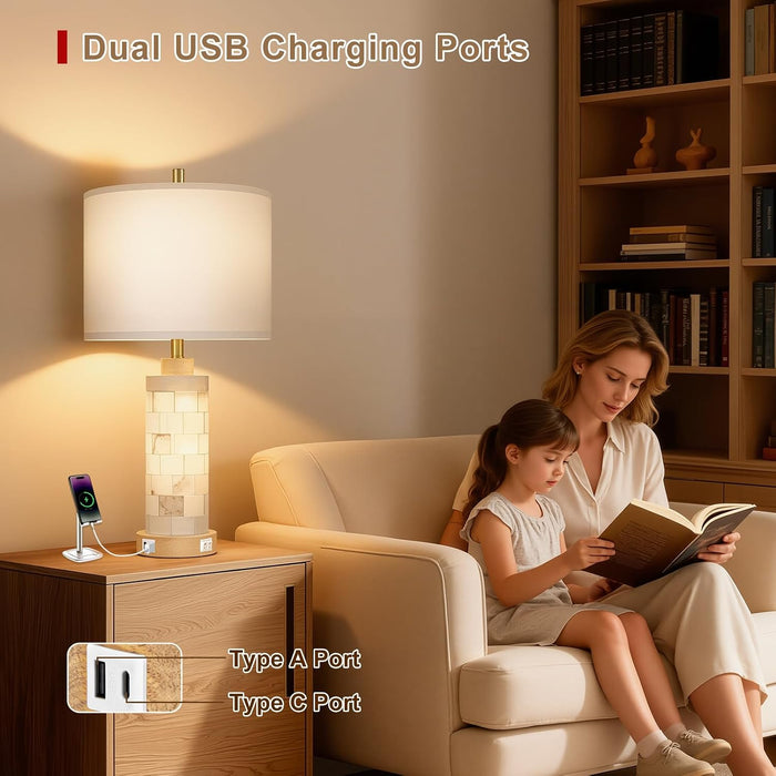 27" Alabaster and Wood Table Lamps Set of 2 with Night Light