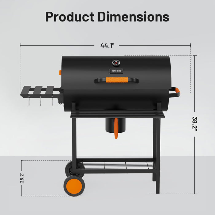 29-Inch Barrel Charcoal Grill, Heavy Duty BBQ Grill with Manual Rotisserie Meat Fork, Detachable Windproof Ash Collector Barbecue Smoker Grill Combo for Backyard, Patio and Parties ﻿
