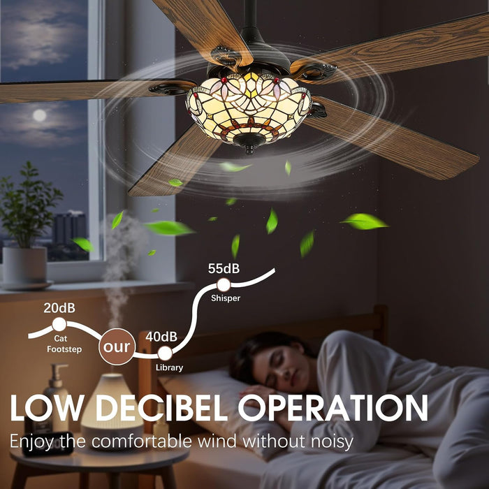 52" Tiffany Style Ceiling Fans with Lights, Red Dot, Black