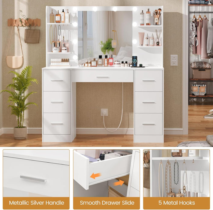Large Vanity Desk with LED Lighted Mirror & Power Outlet,Makeup Vanity Table with 7 Drawers,4 Shelves and 5 Hooks,Vanity Table, Vanity Desk Set for Bedroom,Bathroom,White