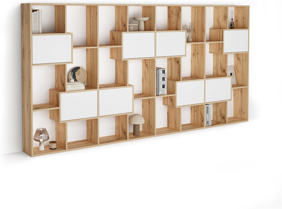 , Iacopo L Bookcase Rustic Oak with Ashwood White Doors (63.3 X 123.8 In), Made in Italy