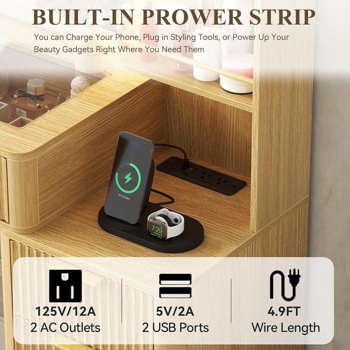 55" Big Fluted Vanity Desk with Mirror and Lights,Makeup Vanity with 8 Storage Drawers and 4 Storage Shelves,Glass Top & Power Outlet,3 Lighting Modes,Dressing Table for Women Girls Bedroom,Oak