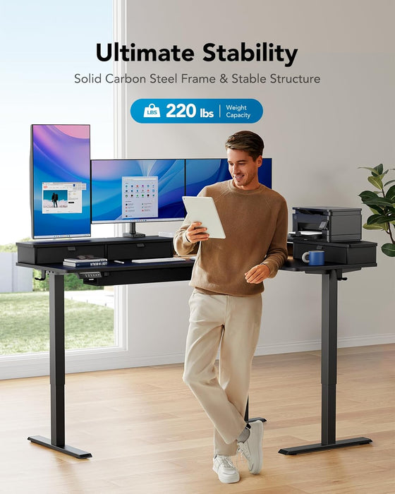 65″ L-Shaped Standing Desk with Power Outlets & LED Strip, Electric Height Adjustable Corner Computer Desk, Sit Stand up Desk with 3 Drawers, Black