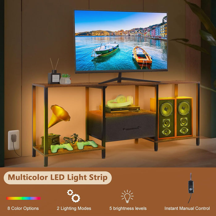 46" TV Stand with Manual LED Lights & Fabric Drawer, 3-Tier Storage Media Console for 55" TV, Adjustable Feet, Rustic Brown Entertainment Center for Living Room/Bedroom