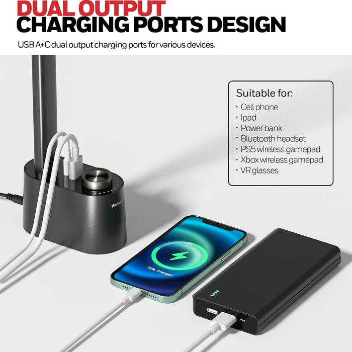 Sunturalux™ LED Desk Lamp with USB Charging Ports HWT-H01 - Stepless Dimmable Eye Caring Desk Light for Home Office Bedroom Bedside College Dorm, Foldable Table Lamp Reading Lamp Black