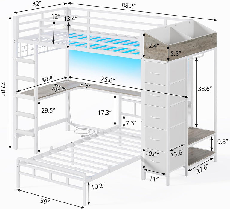 Bunk Bed Twin over Twin with Hall Tree, Charging Station and LED Lights, L-Shaped Bunk Bed with Desk, 5 Storage Drawers, Twin Bunk Beds with Guardrail & Stairs, No Box Spring Needed, White