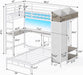 Bunk Bed Twin over Twin with Hall Tree, Charging Station and LED Lights, L-Shaped Bunk Bed with Desk, 5 Storage Drawers, Twin Bunk Beds with Guardrail & Stairs, No Box Spring Needed, White
