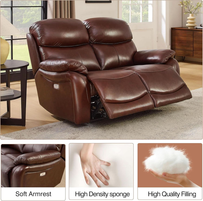 Brown Power Top Grain Leather Recliner Sofa Loveseat Set with USB Port, Genuine Leather Living Room Recliner Furniture Sofa Set, Reclining Couch Loveseat with Cup Holders.