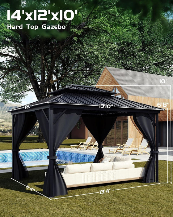 Hardtop Gazebo 12'X14' for All Weather, with Double Metal Roof, Aluminum Alloy Frame, Net, and Curtain, Permanent Building for Patio, Deck, Backyard, Lawn, and Garden, Gray