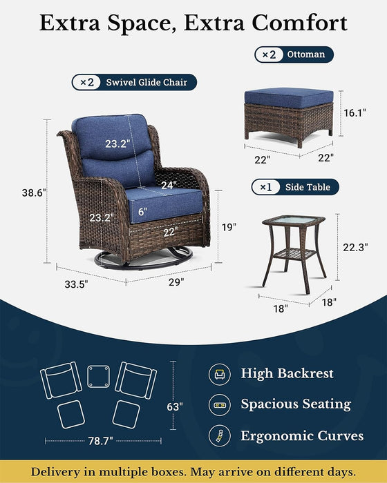 5-Piece Luxury Patio Furniture Set with 6" Thick Cushions, Weather-Resistant Wicker High Back Swivel Rocker Chairs, Senior-Friendly Conversation Set for Small Porch, Deck and Sunroom, Blue(V2)