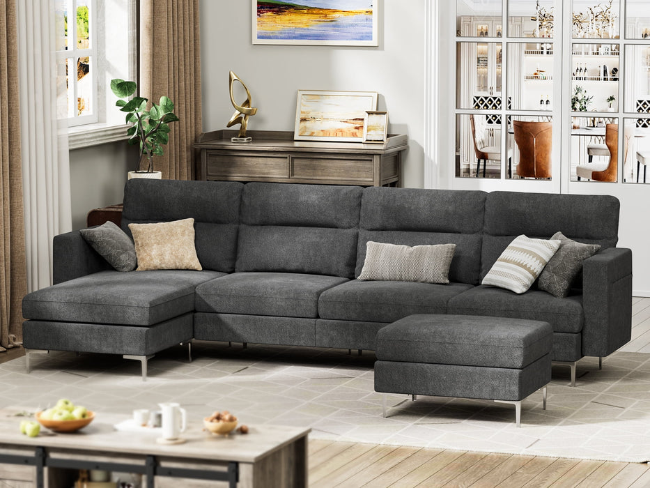 U-Shape Sectional Sofa with Chaise and Ottoman, Movable Modular Couch with Fabric Thick Cushion for Living Room, Dark Grey