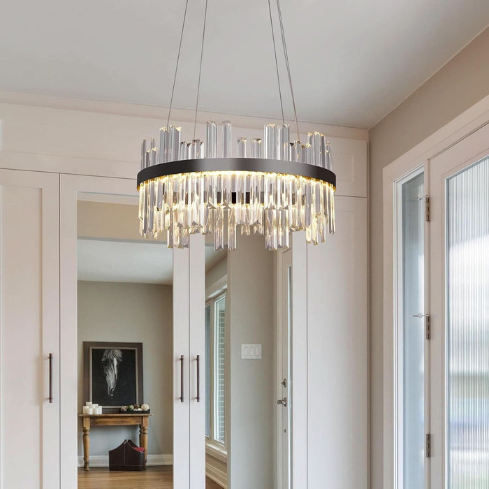 Black Led Modern Crystal Chandelier: 19.7" round Contemporary 3 Color Dimmable Dining Room Light Fixture over Table - Adjustable Lighting Chandeliers for Bedroom Living Kitchen Island Entryway Foyer