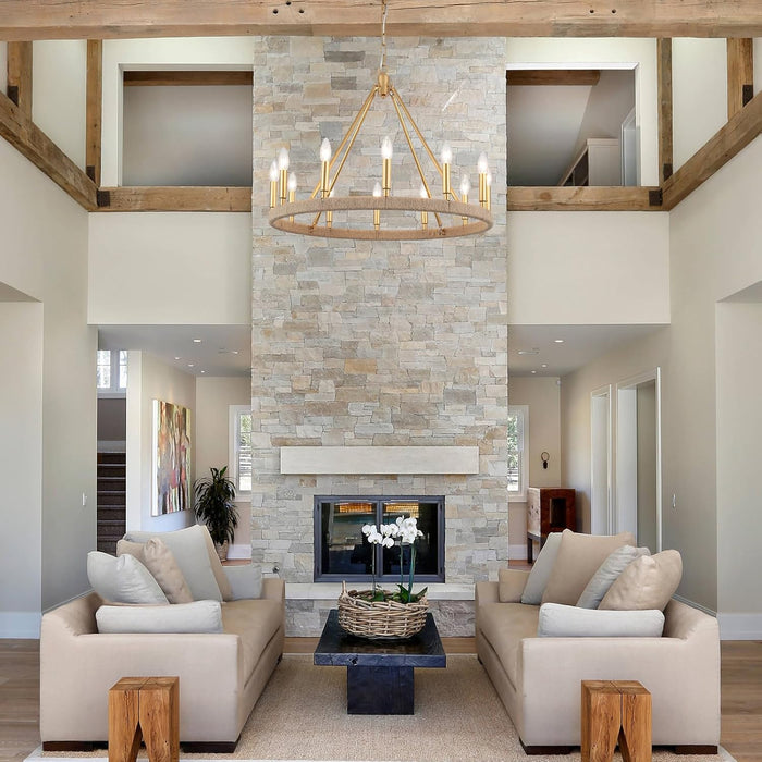 26" Gold Wagon Wheel Chandelier, 12-Light Farmhouse Chandelier for Dining Room, Gold Pendant Light Fixture for High Ceiling Living Room Foyer Entryway