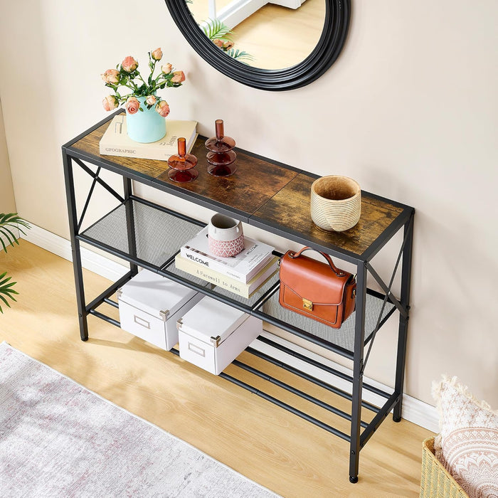 Industrial Console Table, 3 Tier Entryway Table, Hallway Table, Narrow Sofa Table with Shelves, Entrance Table for Entryway, Living Room, Foyer, Hallway, Office, Rustic Brown&Black