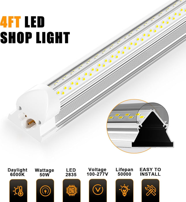 LED Shop Light 4FT, 6000K 50W 7500Lm Linkable Utility Ceiling Light Fixture, 4 Foot T8 Integrated LED Tube Lights, V Shape High Output Linkable with On/Off Switch (12Pcs)