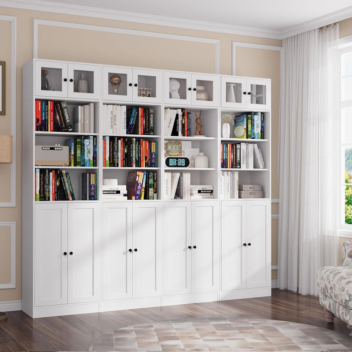 85.5 Inch Tall Bookshelf with Doors - 7 Tier Bookcase with Glass Doors and Drawer, 23.6" Wide Storage Cabinet with Open Shelves for Living Room, White Book Shelf for Home Office, Study (AAAA)