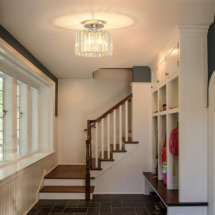 Semi Flush Mount Modern Chandelier, Crystal Ceiling Light Fixture, Small Close to Ceiling Light for Living Room, Bedroom, Hallway, Bathroom, Kitchen, Entryway (Silver)