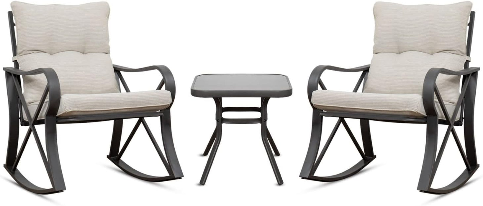 3 Piece Bistro Set Patio Rocking Chairs Outdoor Furniture W Beige Cushions, Glass-Top Table for Garden, Pool, Backyard