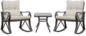 3 Piece Bistro Set Patio Rocking Chairs Outdoor Furniture W Beige Cushions, Glass-Top Table for Garden, Pool, Backyard