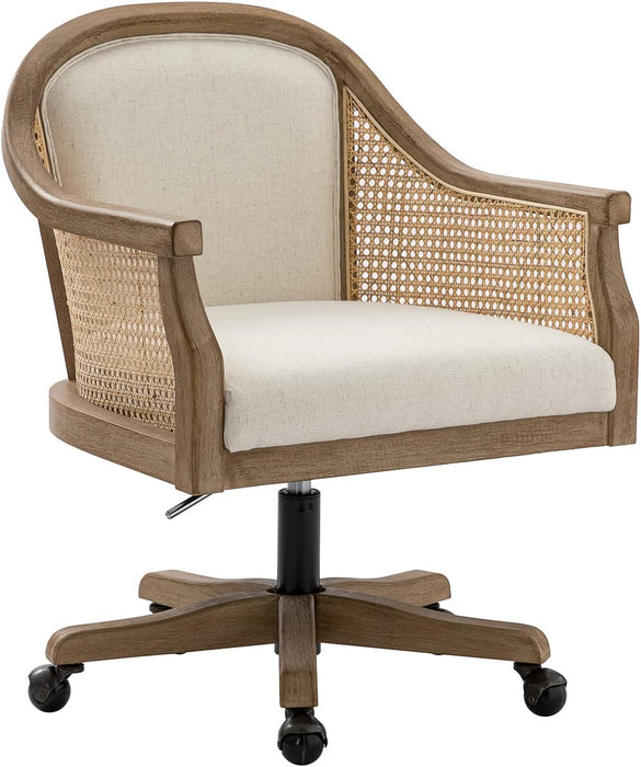 Rattan Desk Chair, Vintage Upholstered Home Office Chair, Ivory