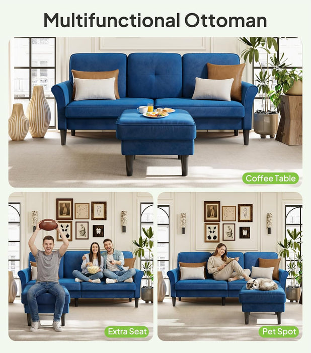 Velvet 83 Inch Sectional Sofa With Movable Ottoman